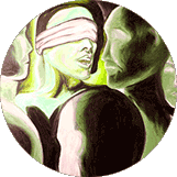 Quadro n. 9 di Marina Kaminsky - Una donna bendata, circondata da manichini dalle sembianze maschili