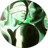 Quadro n. 9 di Marina Kaminsky - Una donna bendata, circondata da manichini dalle sembianze maschili