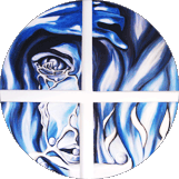Quadro n. 3 di Marina Kaminsky  Il viso di un uomo (ma potrebbe essere anche quello di una donna) ci guarda attraverso due sbarre bianche che si incrociano, dividendo la sua immagine in quattro parti. Le sue lacrime sono perle luminose che scivolano sul blu del quadro, che in realtà è composto da quattro dipinti.