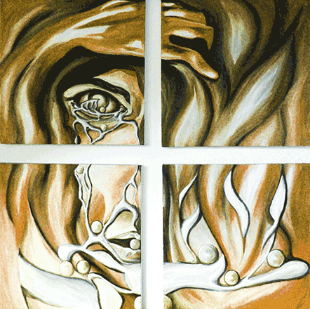 Quadro n. 3 di Marina Kaminsky - Il viso di un uomo ci guarda attraverso due sbarre bianche che si incrociano