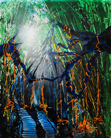 Quadro n.68 “Le Liane” di Marina Kaminsky Un ramo gigantesco troneggia su una giungla che si chiude a muro con rami fitti e con il verde di alberi sottili. Dal ramo piovono su strade di legno blu, liane di un arancione fosforescente.